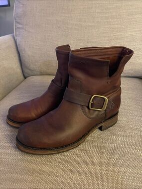 Frye Brown Leather Buckle Engineer Ankle Booties size 6 1/2 women's